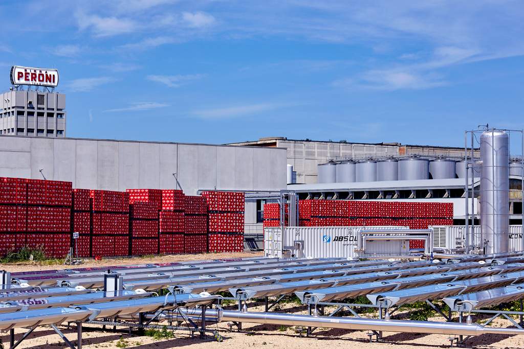 Solar thermal installation by Birra Peroni's brewery plant in Bari, Italy.